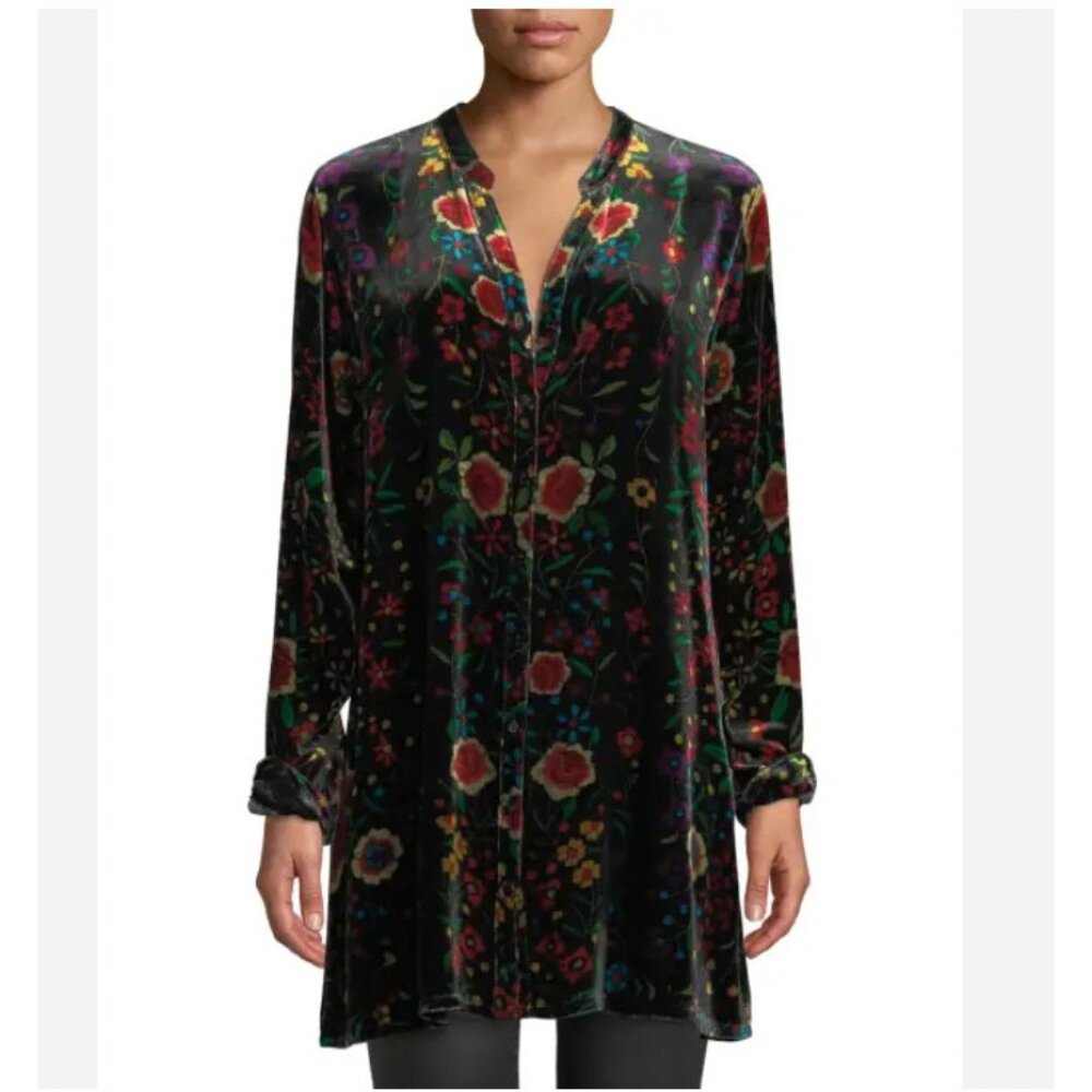 Johnny Was Easy Tunic Shirt Womens Small Multicolor Velvet Floral Button Top